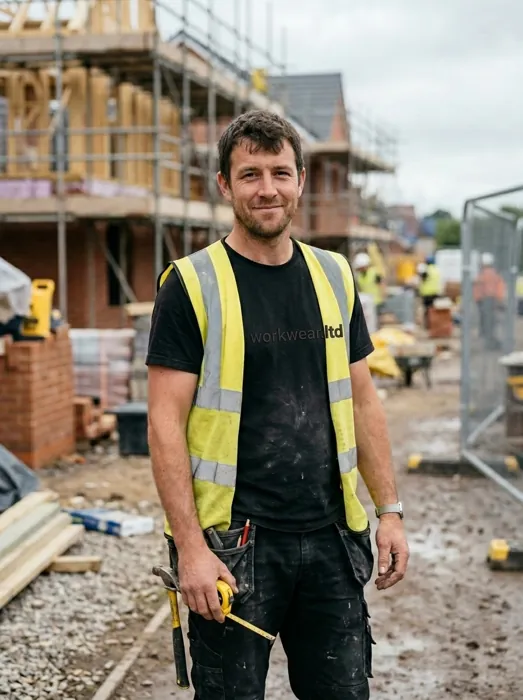 A builder in a hi-vis vest with an embroidered workwear.ltd chest logo