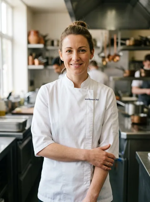 A chef in white chef's whites with an embroidered workwear.ltd chest logo