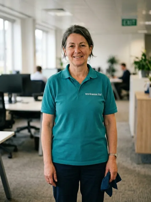 A commercial cleaner in a teal polo with an embroidered workwear.ltd chest logo