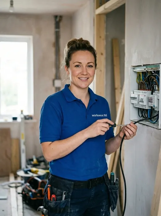 An electrician in a royal blue work polo with an embroidered workwear.ltd chest logo