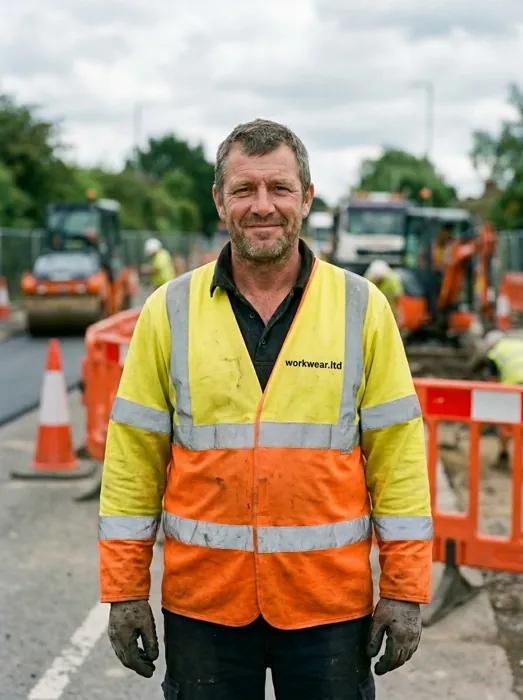 A highways worker in a hi-vis jacket with an embroidered workwear.ltd chest logo