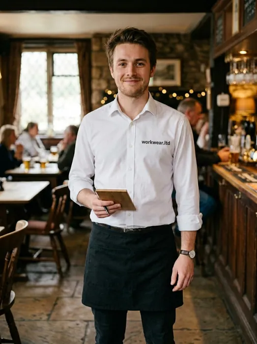 A waiter in a white bar shirt with an embroidered workwear.ltd chest logo