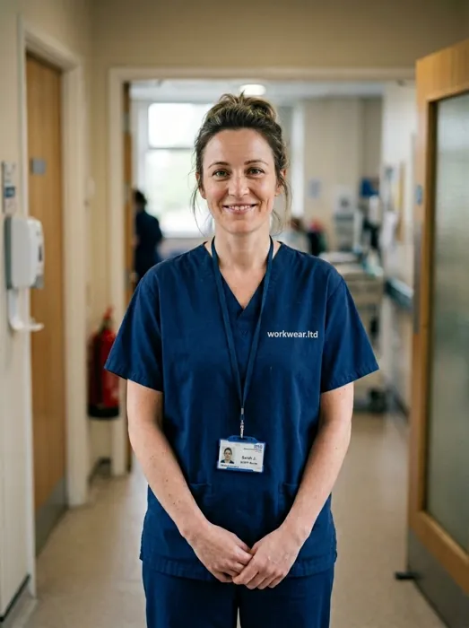 A nurse in navy scrubs with an embroidered workwear.ltd chest logo