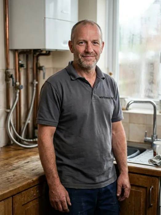 A plumber in a grey work polo with an embroidered workwear.ltd chest logo
