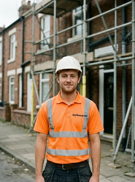 A scaffolder in an orange hi-vis polo with an embroidered workwear.ltd chest logo