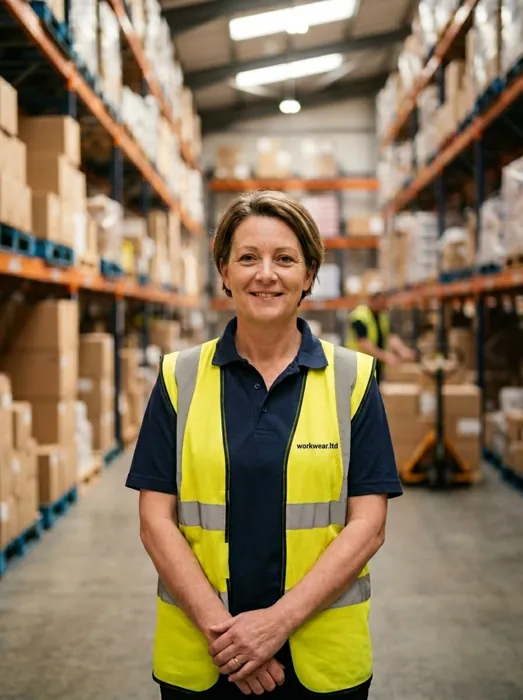 A warehouse worker in a hi-vis vest with an embroidered workwear.ltd chest logo